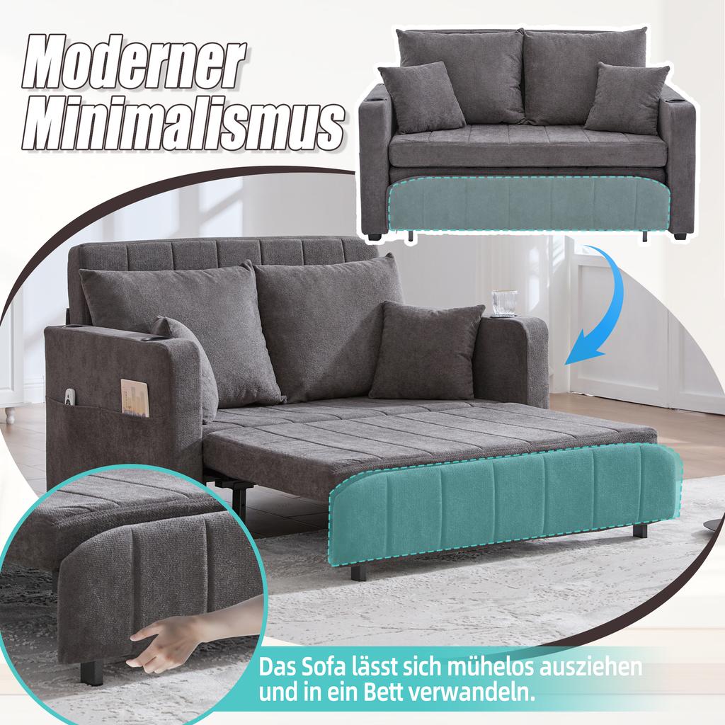 Multifunctional Fabric Sofa, Pull-Out Folding Sofa, With Storage Pockets On Armrests, USB Charging Function And Drink Holders (Grey Chenille Fabric)