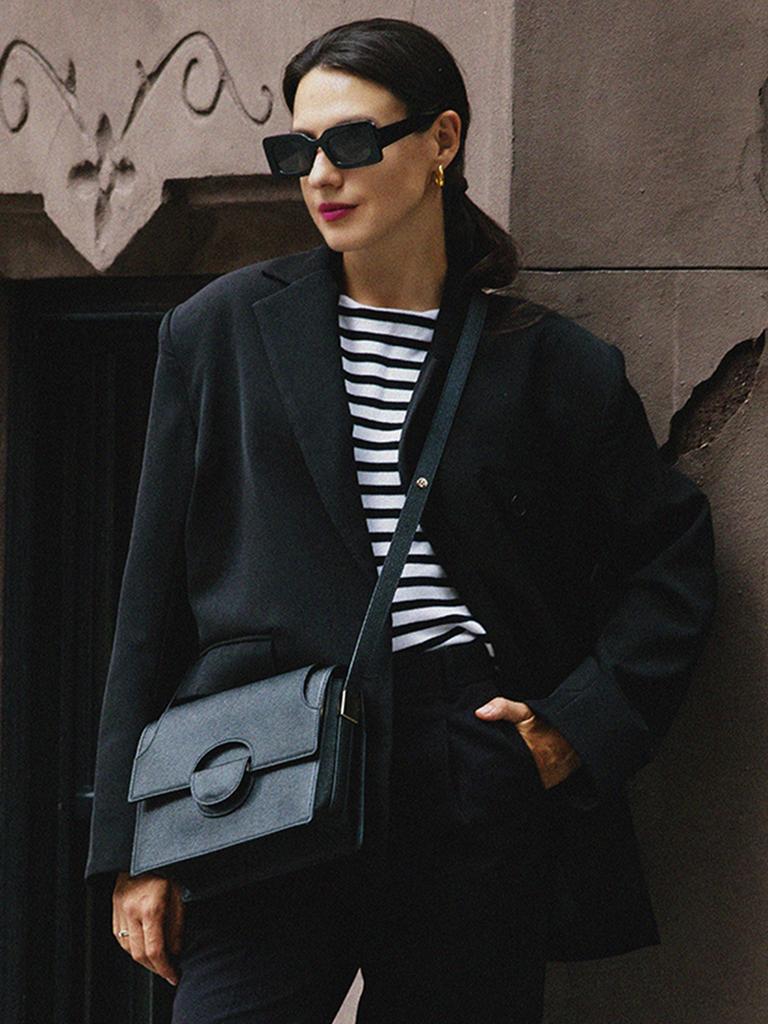 Yina Yina New York Madison Classic Flap Leather Shoulder Bag Black