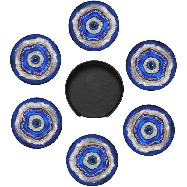 Greek Matiasma Evil Eye Art Microfiber Pu Leather Coaster Set of 6 for Drinks, Drink Coasters with Holder, Cups Place Mats for Home Decor,Round Mat