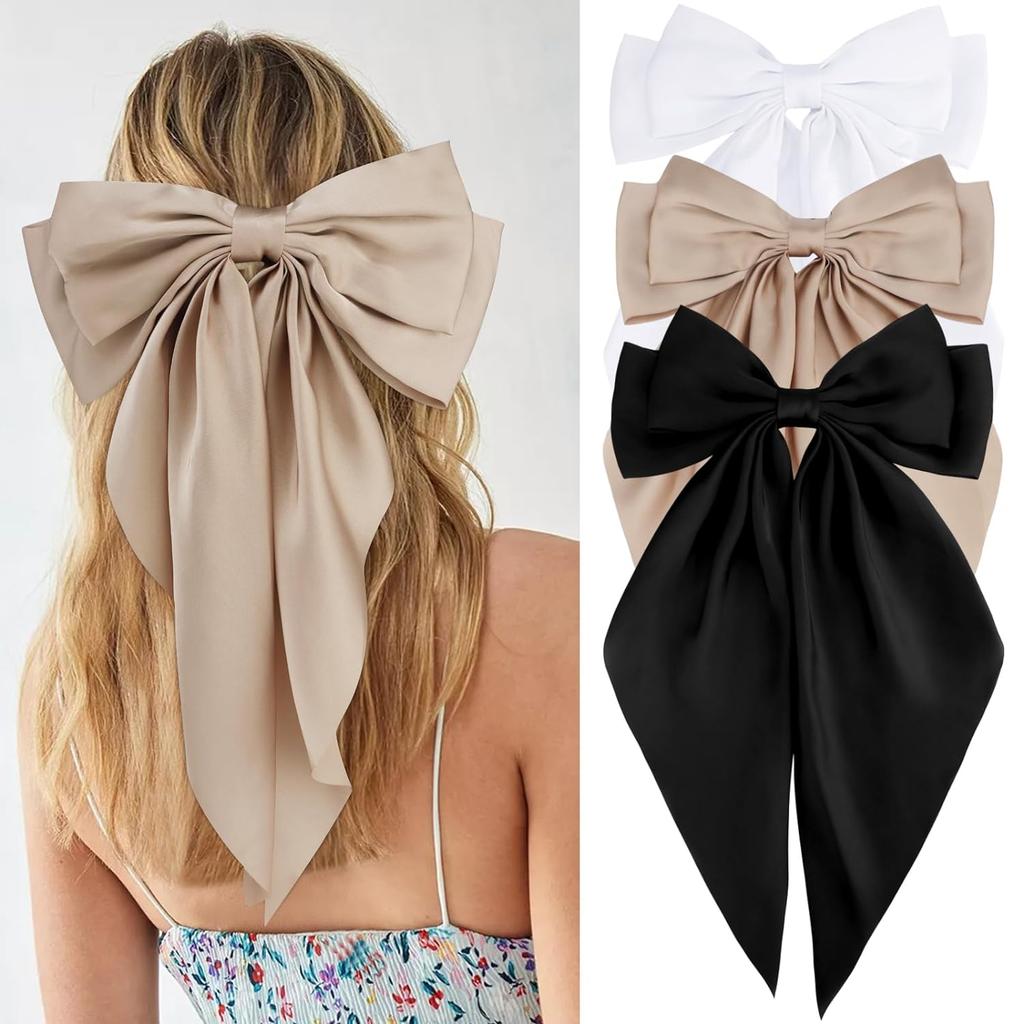 3Pcs Women Elegant Bow Ribbon Hair Clips Solid Color Satin Bowknot Clips Girls Korean Hairpins Party Headdress Hair Accessories