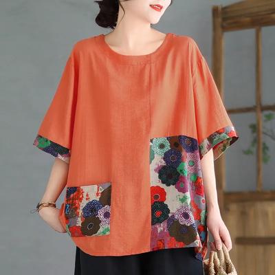T-shirts d'été pour femmes grandes tailles Tops à manches courtes T-shirts amples vintage décontractés Patchwork Floral Coton Lin Chemise