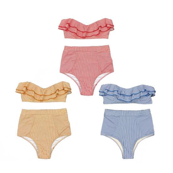 2Pcs/Set Women Bikini Set Ruffle Trim Bandeau Padded Push-Up Bra High Waisted Briefs Set Striped Print Beachwear