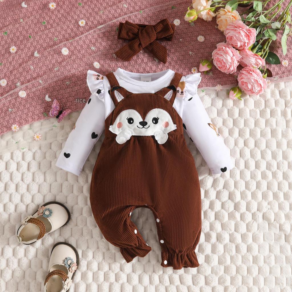 2025 Autumn/Winter Baby & Toddler Fox Heart Print Long Sleeve Footed Romper with Faux Straps & Headband