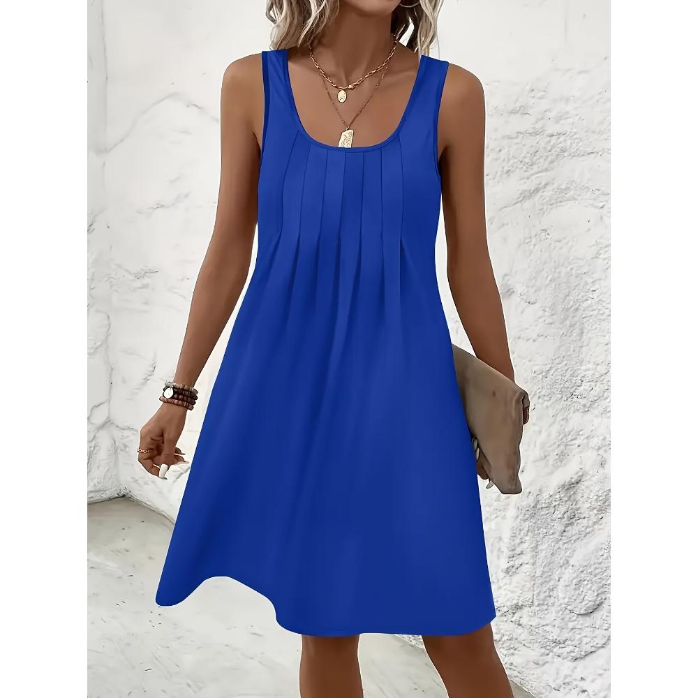Women's U Neck Sleeveless A Line Mini Dress Solid Color Front Pleated Casual Tank Sundress