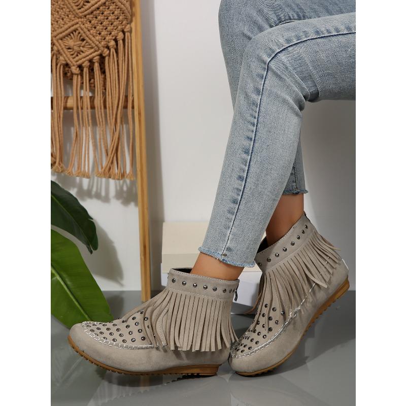Fall New Style Rivet Fringed Boots for Export, Large Size Women's Round-toe Flat-bottom Short Boots