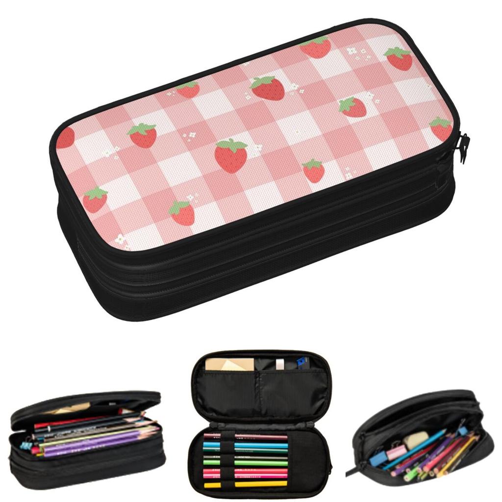 Strawberry Plaid Pencil Cases for Student School Pen Box Pencil Bag Large Storage Pencil Pouch