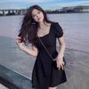 2024 High-end Hepburn Style Black Puff Sleeve Slimming Dress for Women