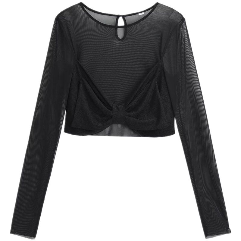 Fashion 2024 Spring New Arrival Women's Clothing Fashion Long Sleeve Mesh See-through Big Bow High Waist Crop Top