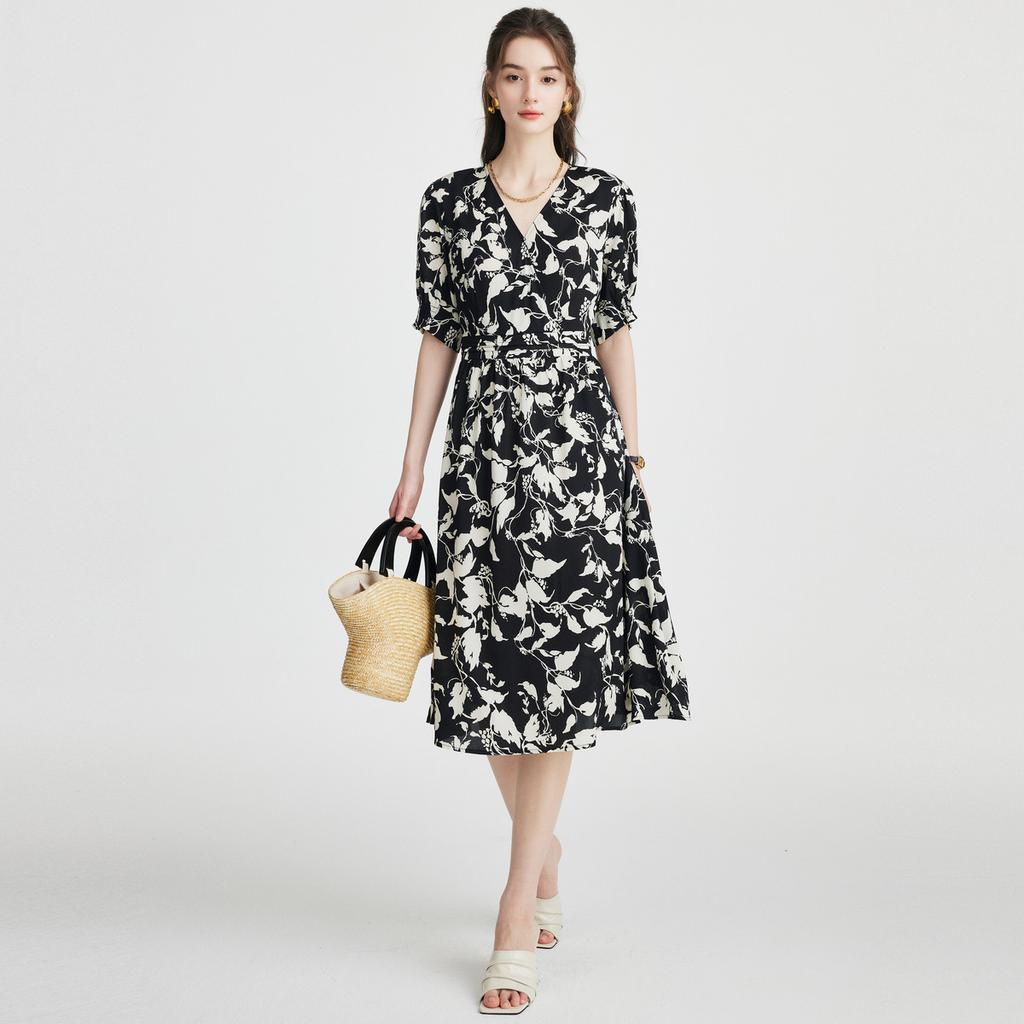 Heavy 19 Mu Mulberry Silk 26 Spring/Summer V-neck Reduced Age Printed Waist Elegant Medium to Long Dress