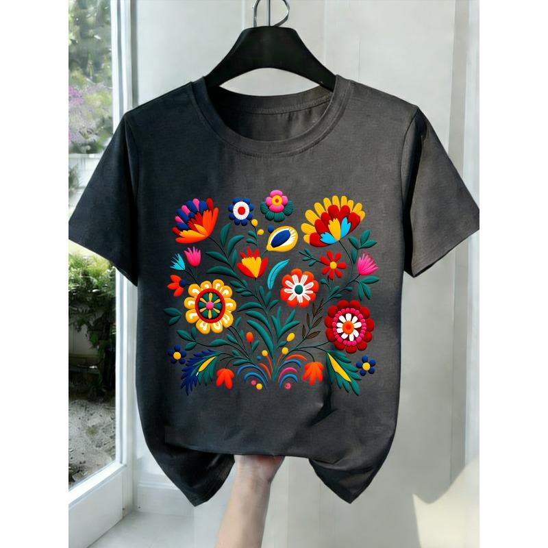 New Women's T-shirts Black White Grey Colorful Floral Print Round Neck All-Season Trendy Comfortable New Year Valentine Gift Top