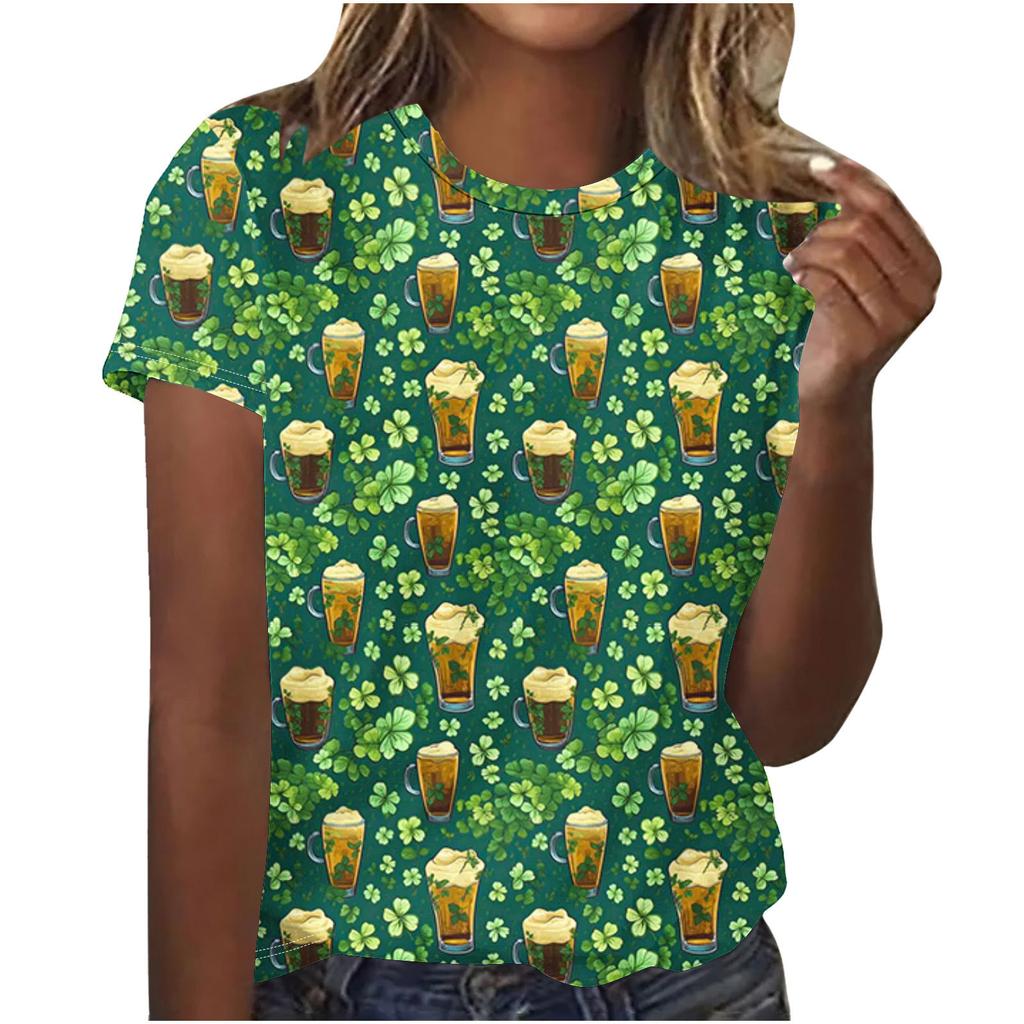 Cuello Redondo de Verano 3D St. Camisetas de Manga Corta Casuales de Moda para Mujer con Estampado Temático Verde del Día de San Patricio