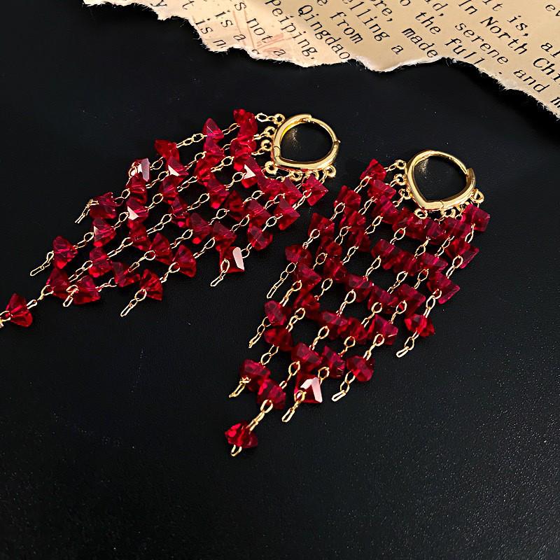 

Красные хрустальные серьги-каффы с кисточками - Трендовые, Высококлассные, Уникальные Свадебные Длинные Серьги