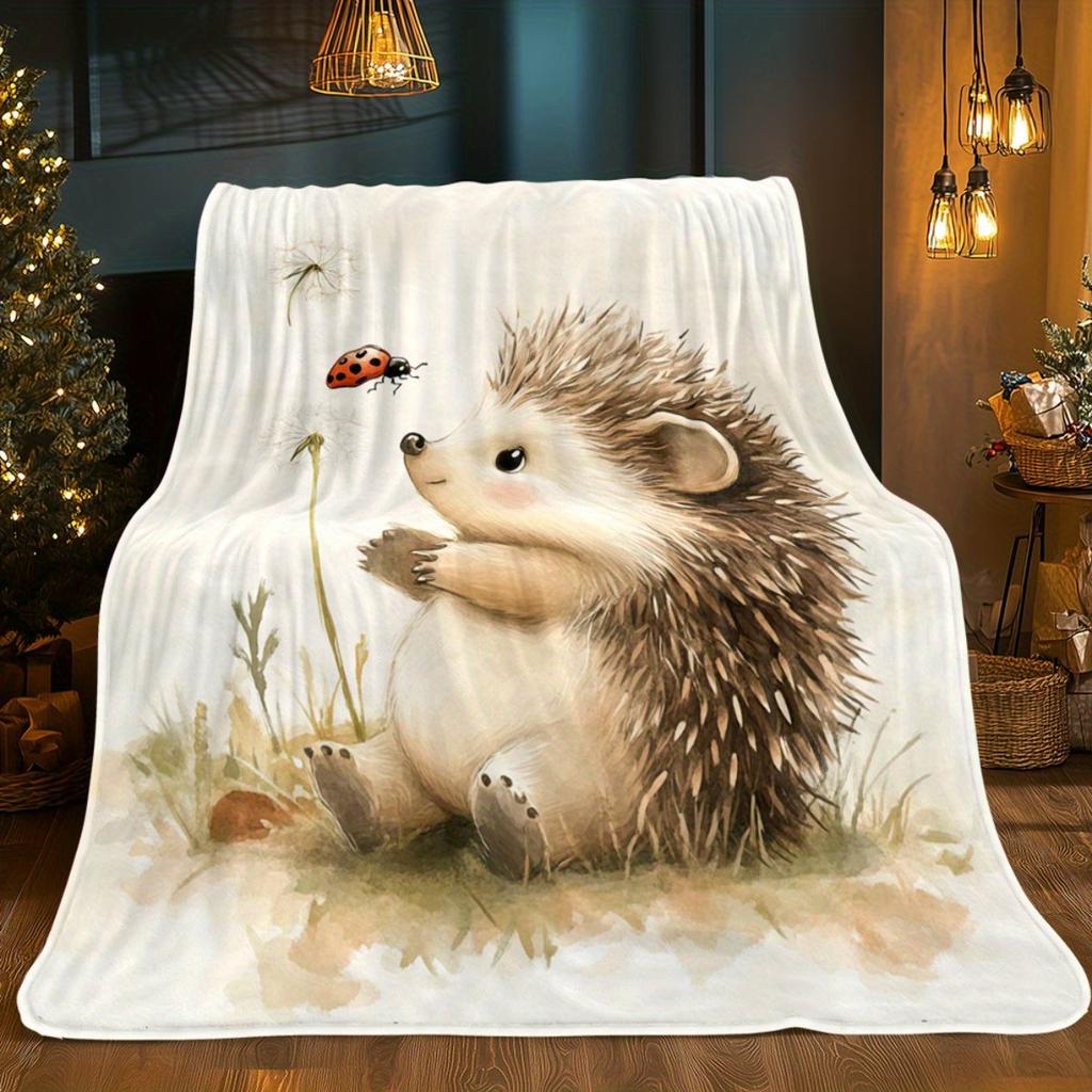 Hedgehog Mushroom Throw Blanket, Cute Animal Print Blanket for Sofa Bed Travel Camping Home Decor
