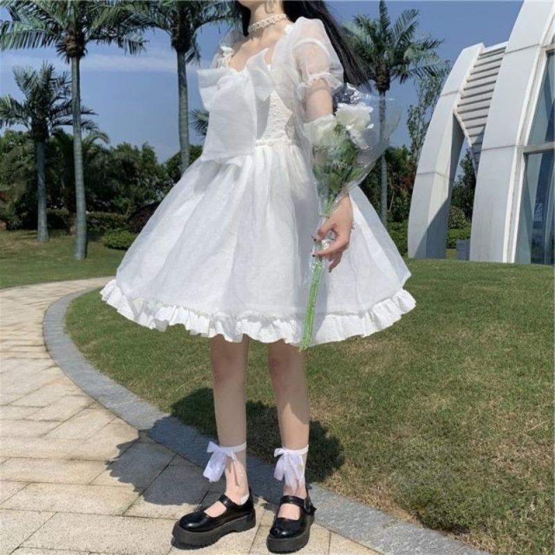 Japanisches süßes süßes Mädchen-Lolita-Kleid mit Puffärmeln, weißes Kawaii-Tutu-Prinzessinnenkleid, Lolita-Feenkleid, koreanisches weißes Kleid