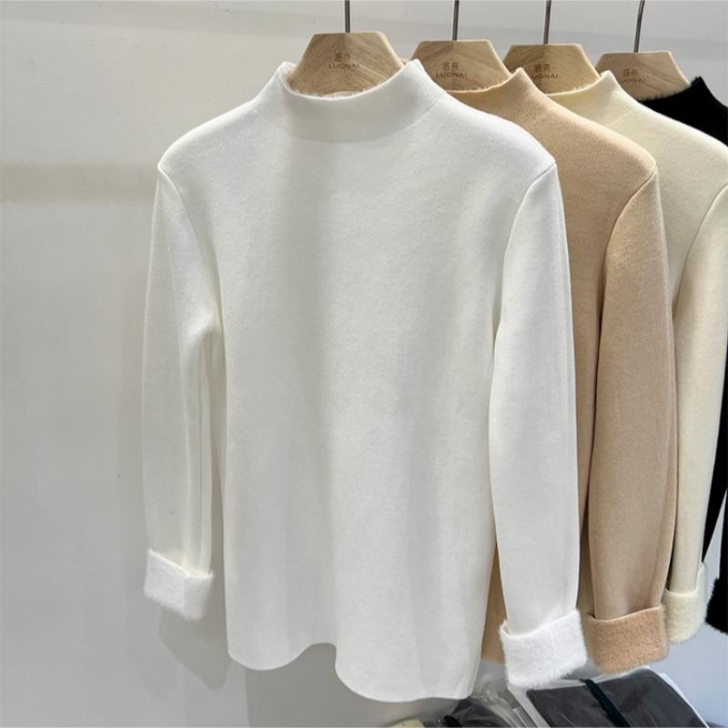 Autumn Half High Collar Slim Fit Warm Knitted Sweater Women Fashion Winter Thick Velvet Base Pullover Sweaters for Women Casual Plush Knitwears 24886