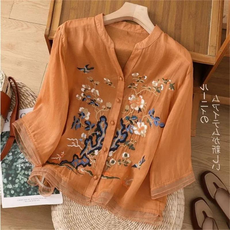 Linen Jacket Women s Summer Embroidered Cardigan Shirt Chinese National Style Stitching Button Shirts M