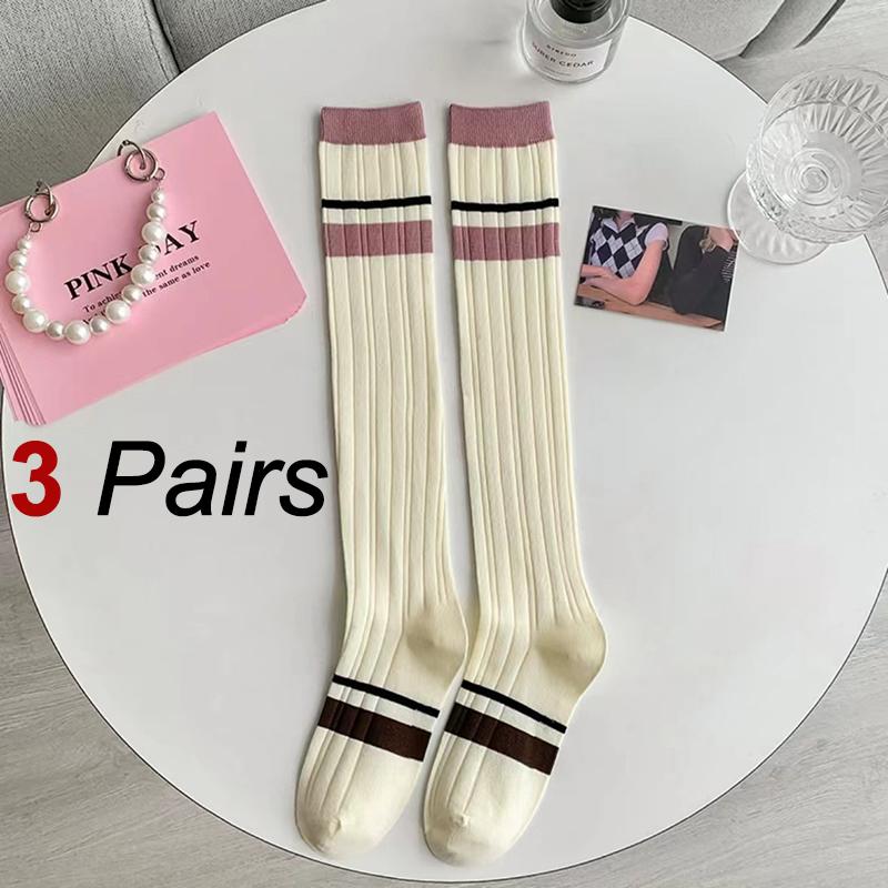 3 Pairs Women Pink Striped Knee High Socks Fashionable College Style Soft Comfortable Sweat Absorbing Breathable Casual Socks