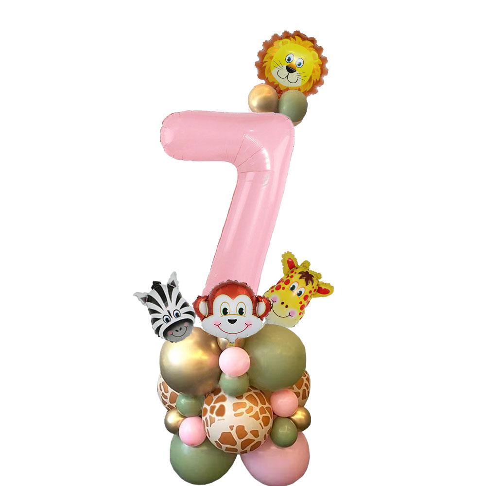 1set Carton Animal Balloon Tower with Pink Number Balloon for Girl's Wild One Themed Jungle Safari Birthday Party Decorations
