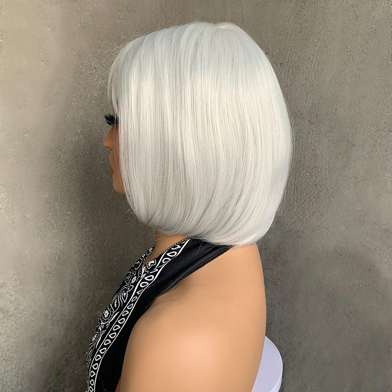 Short Straight White Bob Wigs Women Golden Brown Synthetic Natural Hair with Bangs Heat Resistant Fibre Cosplay Daily Use