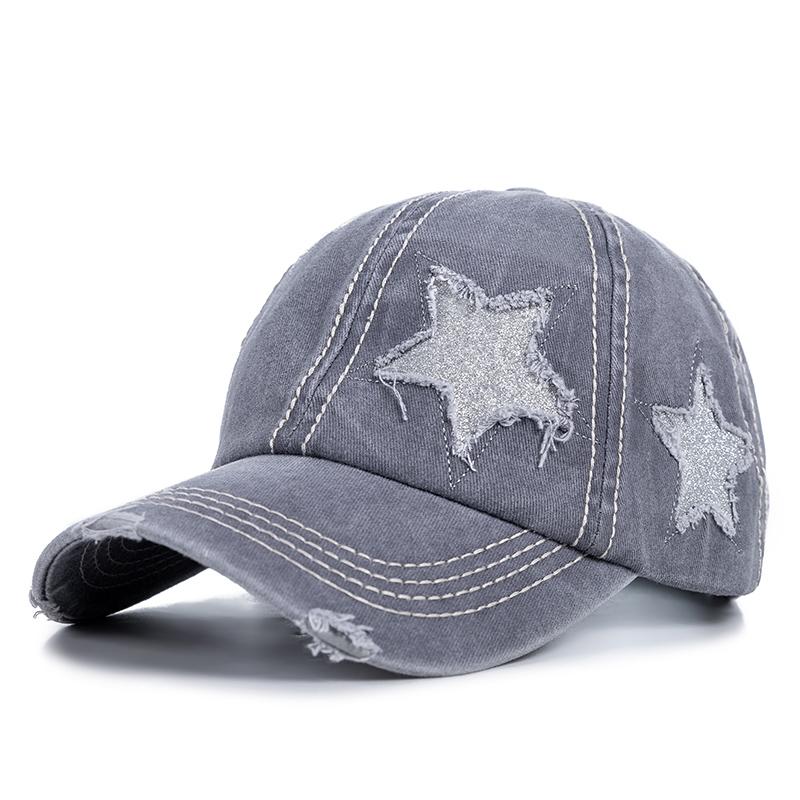 New Fashion Women Ponytail Cap Sequins 5-Point Star Hole Design Baseball Cap Female Washed Cotton Streetwear Hats