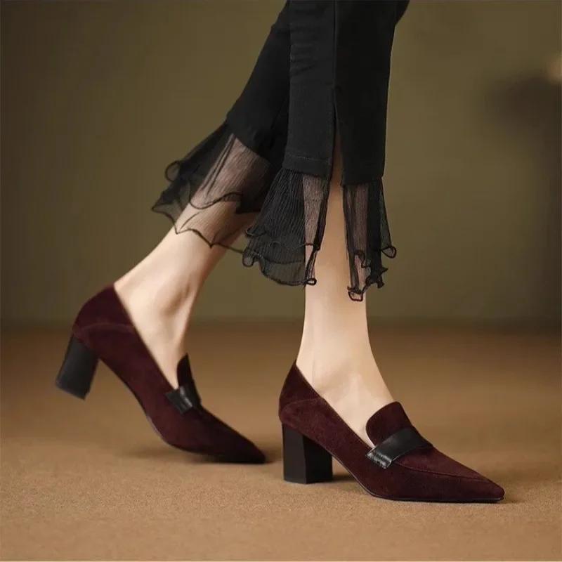 Pointed Toe Women Pumps Autumn Thick High Heeled Loafers Suede Black British Retro Slip on Dress Party Heels for Woman Zapatos