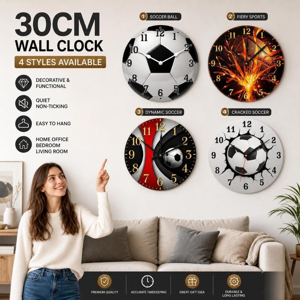 30cm Football-Themed Wooden Clock Solid Wood Soccer Quartz Clock Round Wall Clock  Living Room