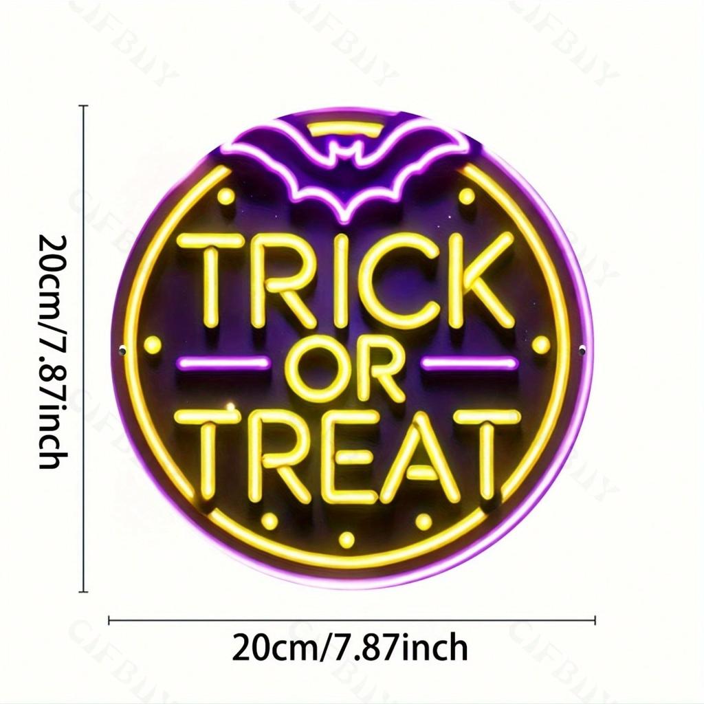 Halloween Trick or Treat Round Neon Metal Sign 8x8 Inch Aluminum Wall Art Home Office Decor Indoor Outdoor Bar Cafe