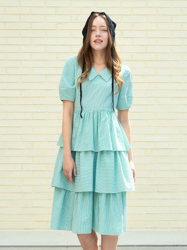 L By L Green Striped Tiered Puff Sleeve Long Dress