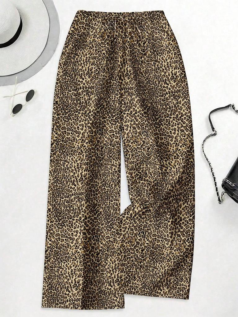 Women's Plus Size High Waist Leopard Print Wide Leg Pants - Summer Casual European American Style