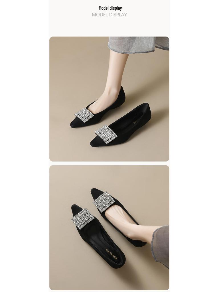 Spring 2025 Rhinestone Pointed-Toe Chunky Heel Loafers for Women