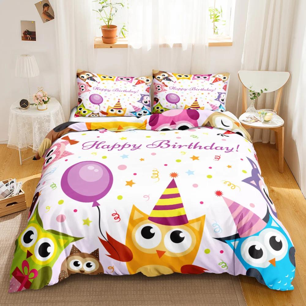 Owl Duvet Cover Set Cartoon Comforter Cover Happy Birthday Theme Bedding Set Cute Bird Polyester Quilt Cover Twin Size For Kids