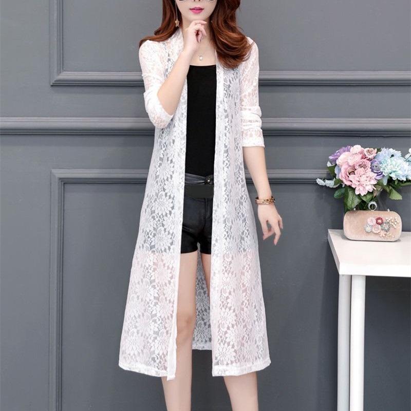 Cárdigan de encaje para mujer de longitud media, chal de malla de verano, holgado, hasta la rodilla, ropa de protección solar, chaqueta para mujer, camisa, prenda de abrigo