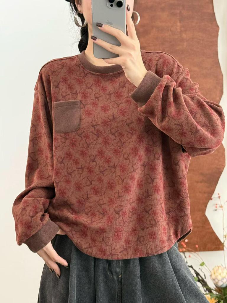 2026 Spring Artistic Printed Round Neck Loose Casual Women's Sweatshirt