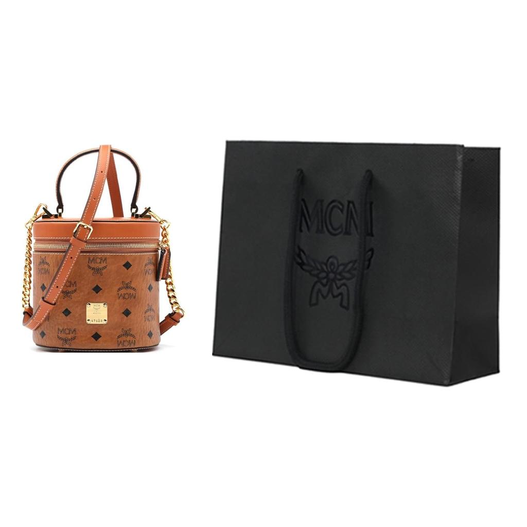 MCM Visetos Leather Cylinder Bag Handbag Small Women's Brown & Cognac MWRAACG01CO001