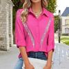 Camicia da Donna Revers Manica Lunga Abbottonatura Camicia con Nappa di Strass Tinta Unita Vestibilità Ampia Camicia Casual