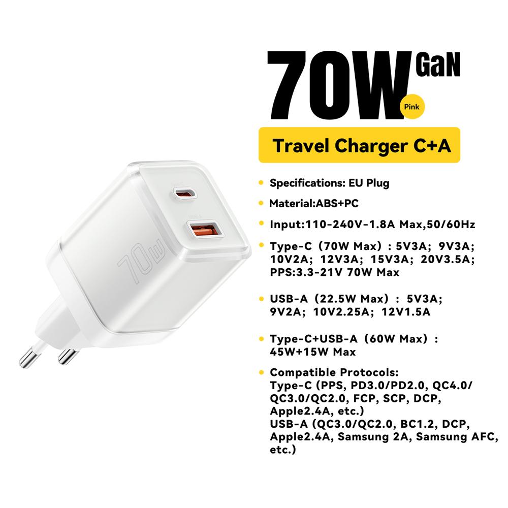 

70 Вт GaN зарядное устройство PD зарядка USB зарядное устройство типа C поддержка PD QC PPS портативное быстрое зарядное устройство для iPhone 15 14 13 ноутбук зарядное устройство EU White A C