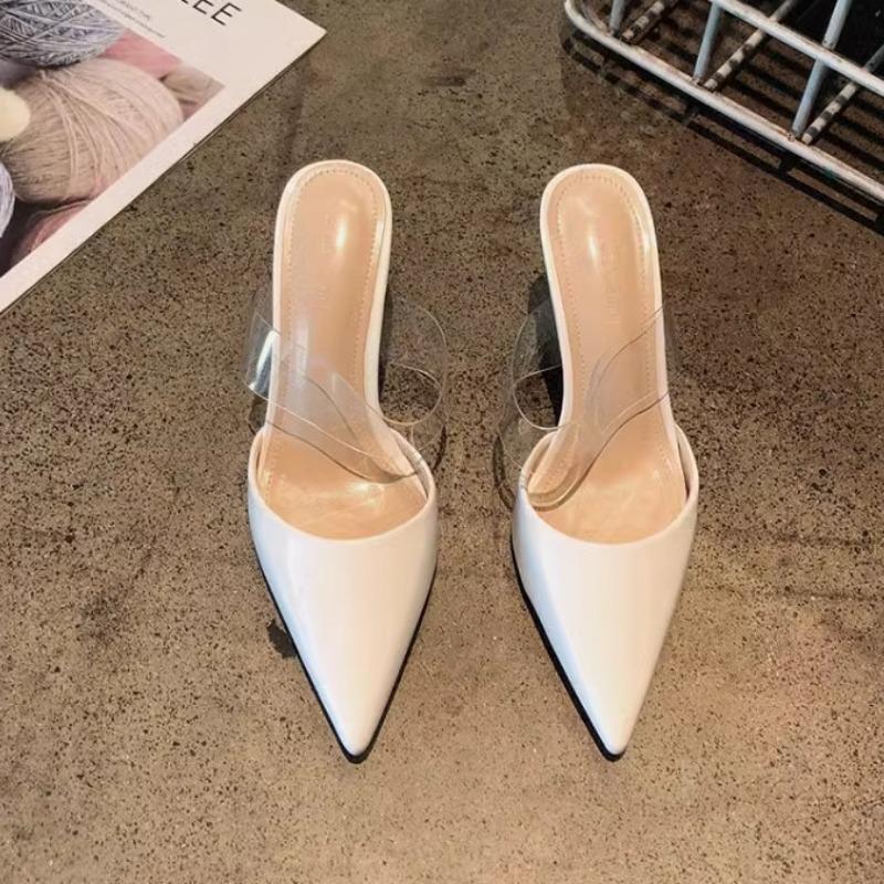 Nude Patent Leather Sexy Celebrity Pointed High Heels New Bag Head Transparent Word with Thin Heels Cool Slippers