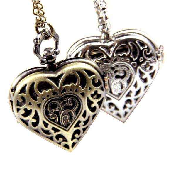 Hollow Heart-Shaped Pocket Watch Necklace Pendant Chain Women