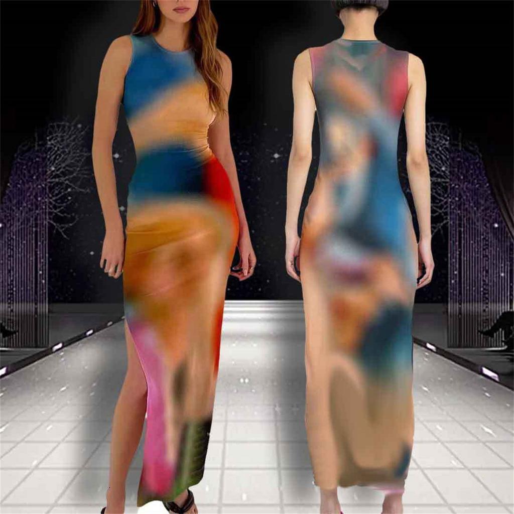 Women's Digital Print Sleeveless Dress With Slit Round Neck And Hip Wrap
