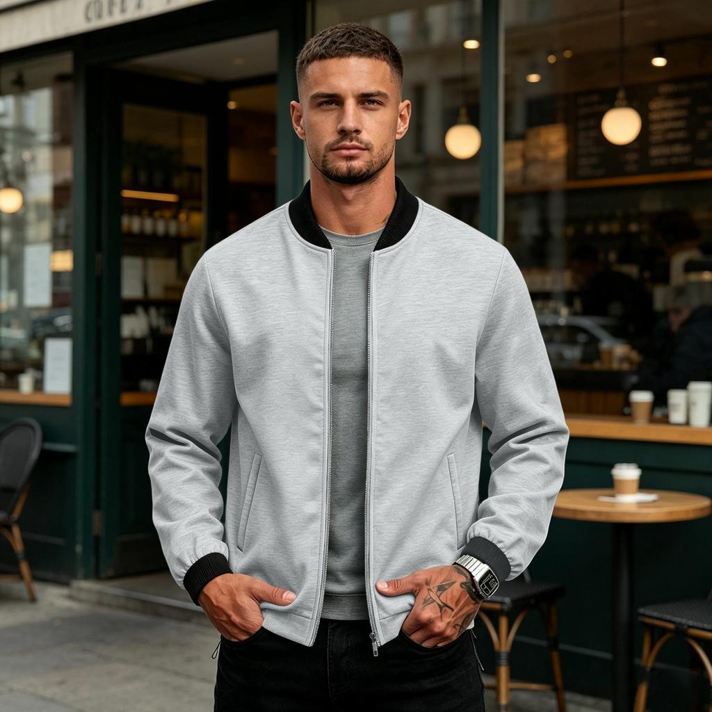 Men's Color Zip Up Baseball Jacket with Stand Collar