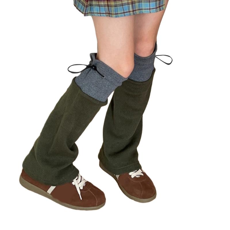Winter Autumn Knitted Drawstring Leg Warmer Gothic Colorblock Foot Covers Flared Hem Loose Knee High Socks for Women