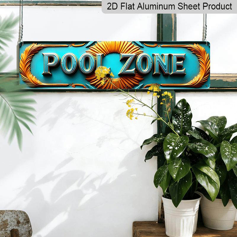 2D Flat, Large Turquoise & Golden Vintage Pool Zone Metal Sign - 15.7×3.94inch Retro Turquoise Blue Pool Table Wall Art with POOL ZONE Lettering