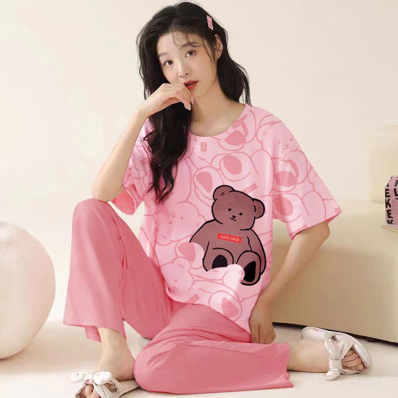 Summer Pure Cotton Pajamas Women's Pullover Sweet Casual Short-sleeved Cropped Pants Can Be Worn Outside Loungewear Student Dormitory Set