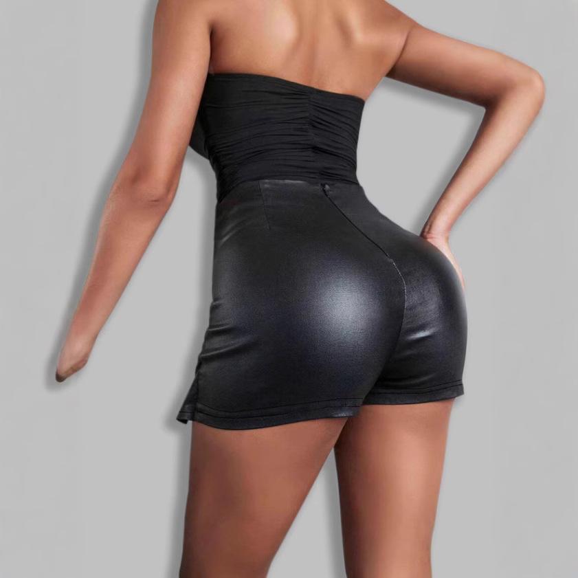 Women Fall Winter High Waist PU Leather Mini Skirt, Solid A Line Double Slit Faux Leather Short Skirt, Slim Bodycon Split Hem Club Night Out Bottoms