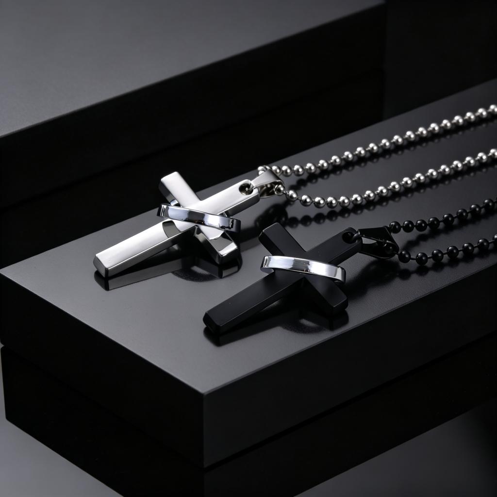 Cross Necklace for Men, Non Fading Stainless Steel Cross With Round Ring Pendant Necklace 70cm Beads Chain, Hip Hop Punk Jewelry