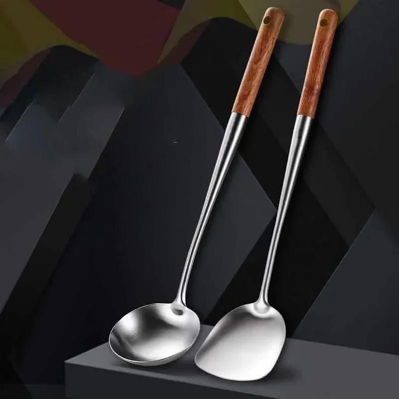 304Lange Steel Rvs Wok Spatel Cooking Equpment Kitchen Utensils Keuken Sleuven Rijst Lepel Kookgerei Gebruiksvoorwerp Set Turner