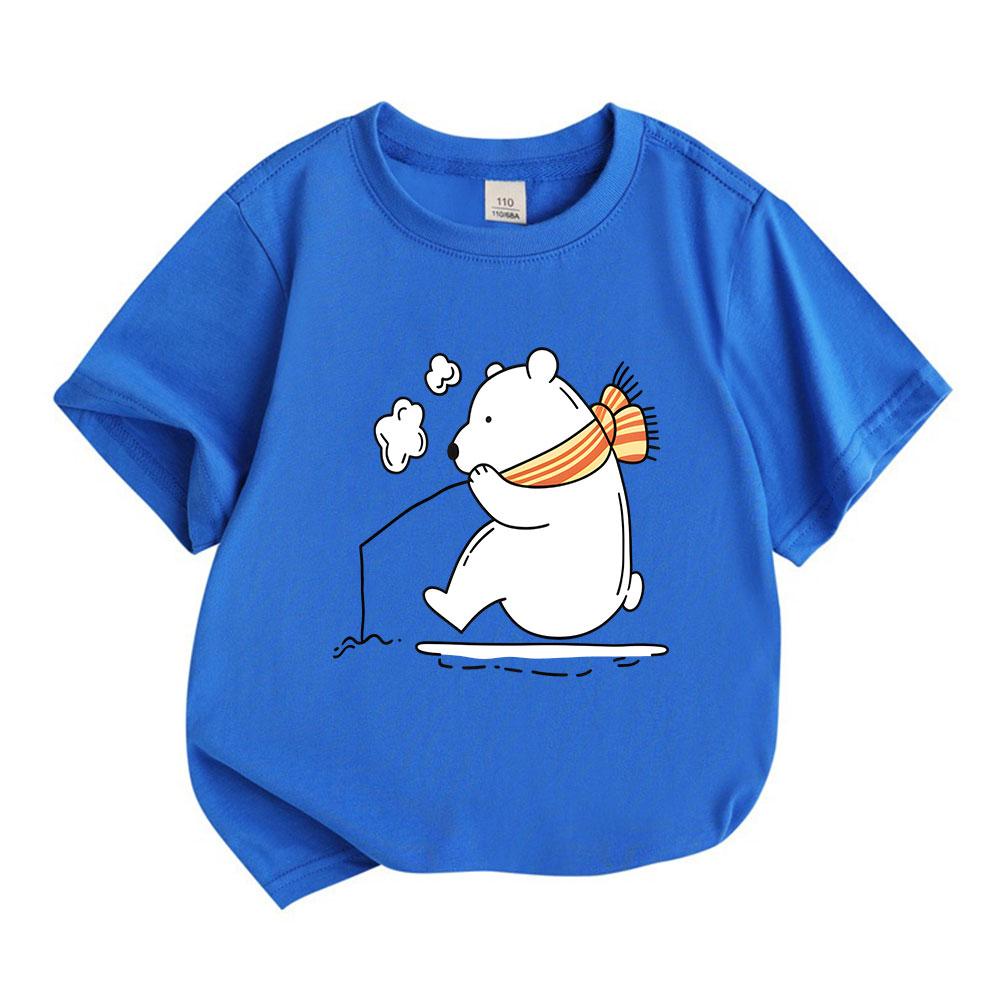 Cute Cartoon Polar Bear Ice Skating Print Kids T Shirt 100% Cotton Unisex Boys Girls Crew Neck Short Sleeve Casual Comfortable Tees for Daily Wear