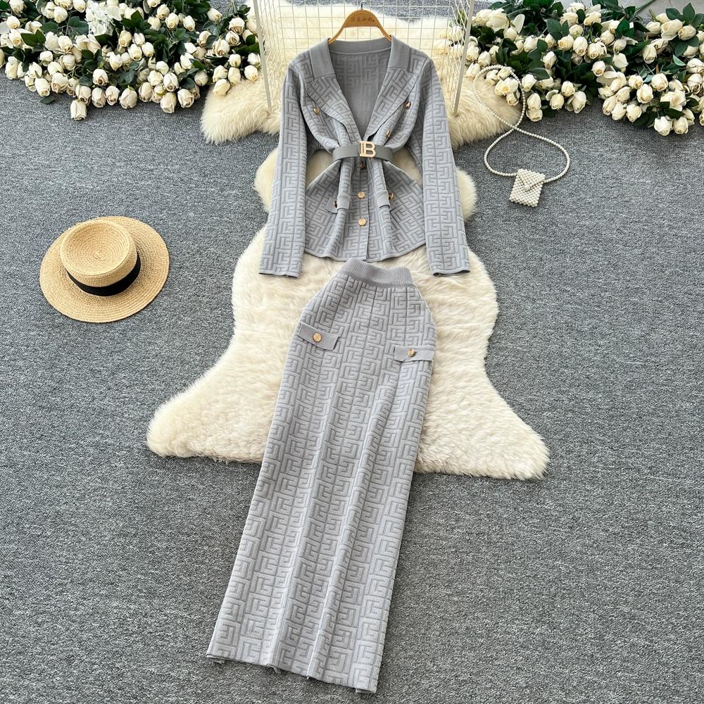 Autumn Winter Women Designer Knitted Sweater Two Piece Set Blazer Collar Cardigans Coat and Long Maxi Sheath Skirt Outfits With Belt