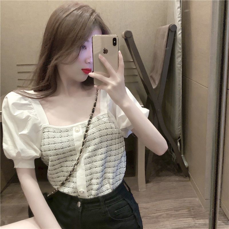 New Style Short-sleeved Spliced puff Sleeves Ice Silk Women's Slim Square Collar Knit Top