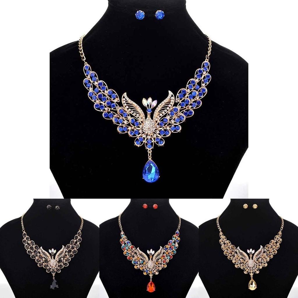 Exquisite Retro Peacock Necklace With Colorful Ear Studs Rhinestone Jewelry Set